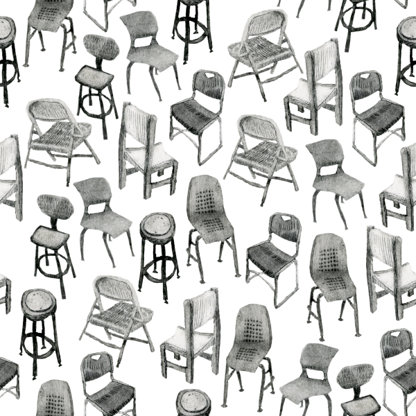 A black and white pattern of hand drawn chairs